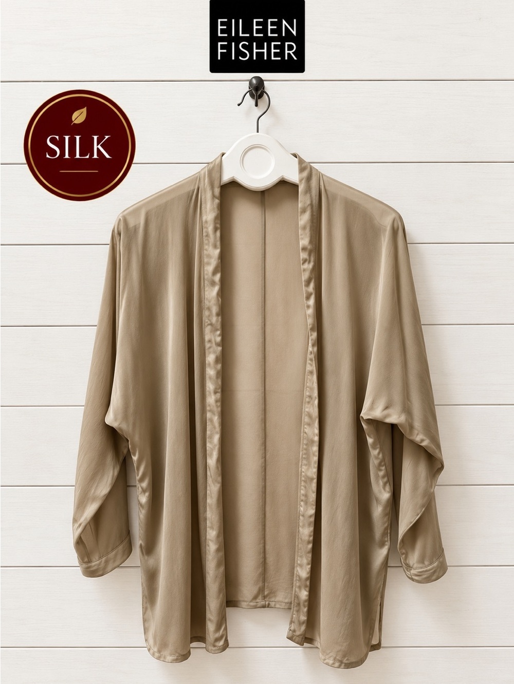 Eileen Fisher Beige Silk Open-Front Kimono Cardigan – Size Small
